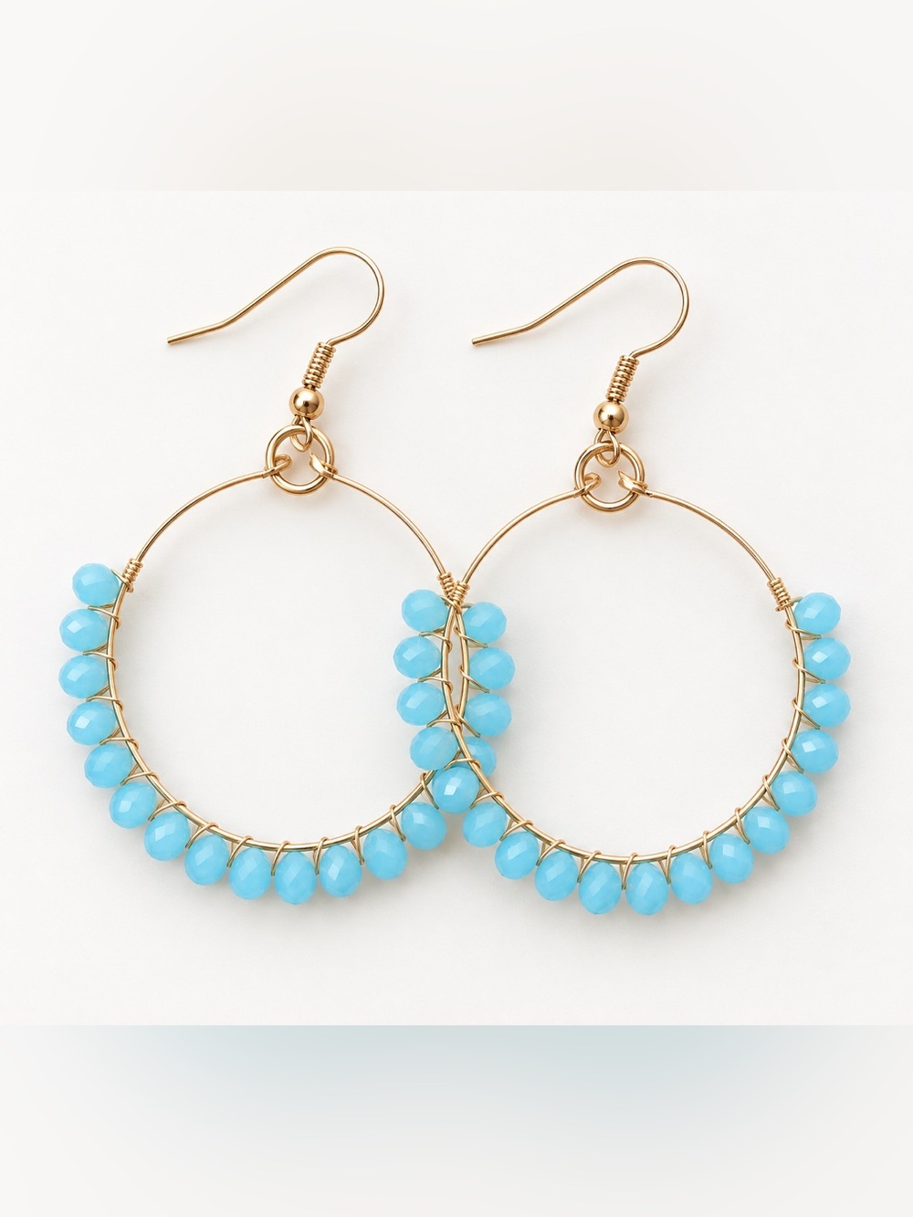 Handmade Aqua Blue Beaded Wire Wrapped Hoop Earrings Boho Gold Tone